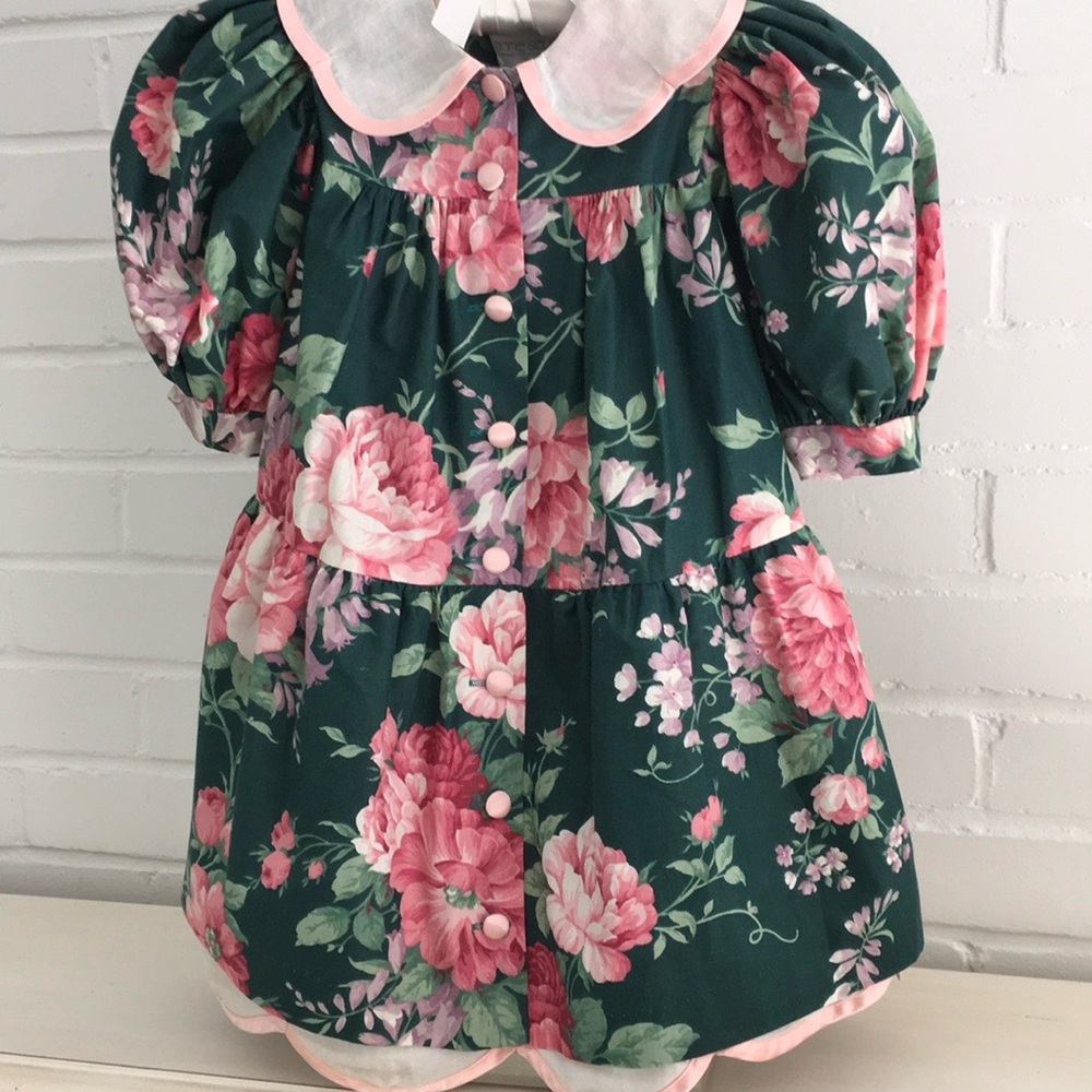 Girls Size 3T-4T 1980 Anne Savoy Hunter Green/Pink Floral Scalloped Collar